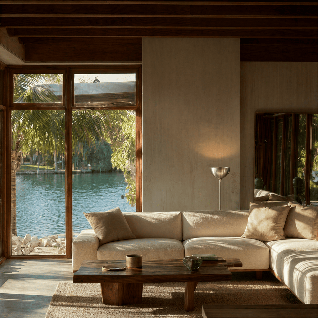 Clérachic chrome floor lamp glowing beside a cream sectional sofa overlooking a palm-lined waterway at sunset.