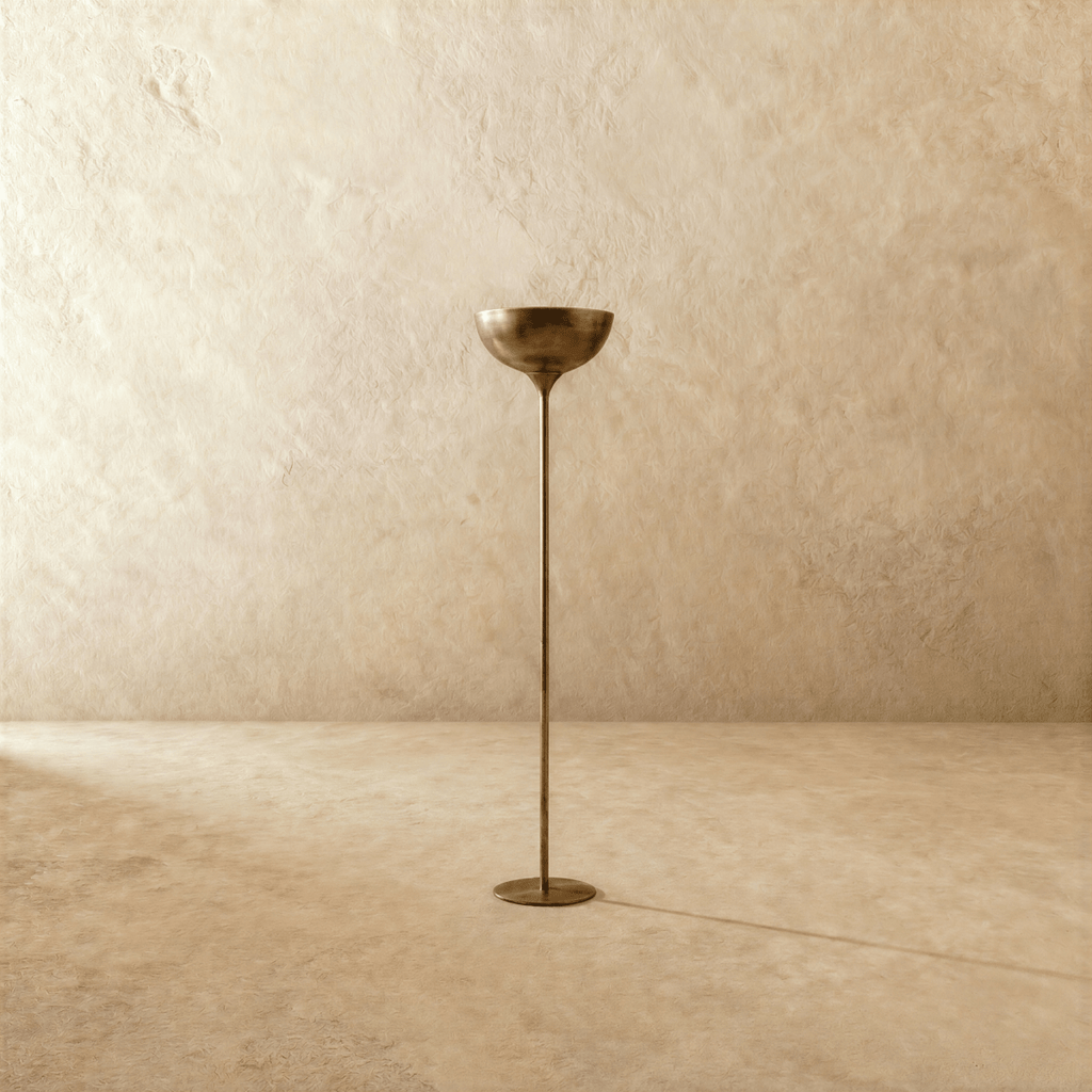Clérachic floor lamp in vintage brass, the bowl shade and slim stem viewed from a slightly different angle.