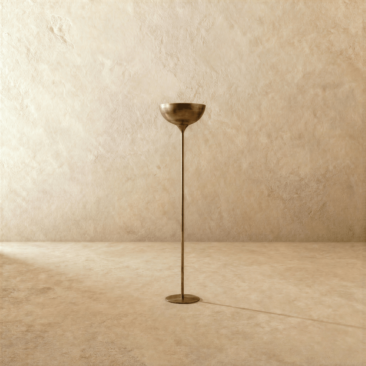 Clérachic floor lamp in vintage brass, the bowl shade and slim stem viewed from a slightly different angle.