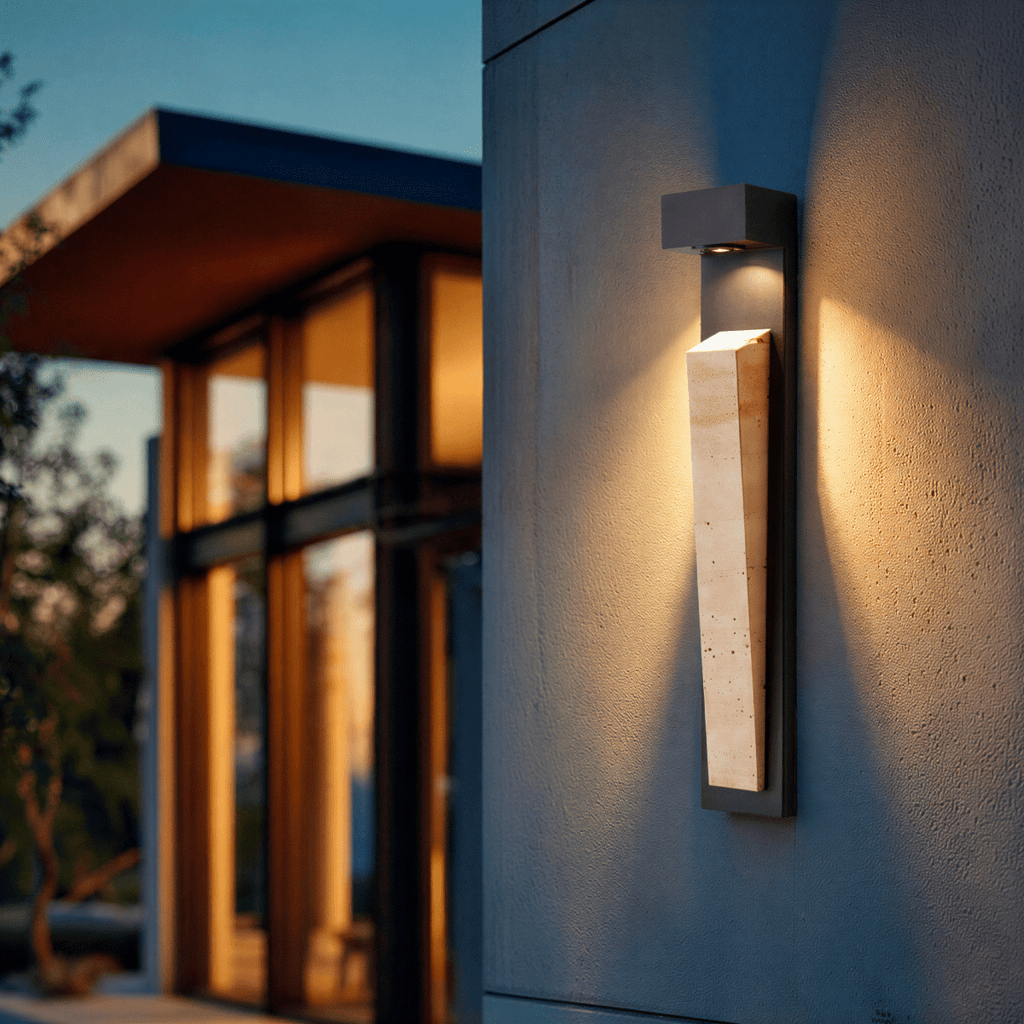 Clérachic wall lamp casting a broad warm wash down a textured stucco wall at dusk, beside a glass-fronted pavilion.
