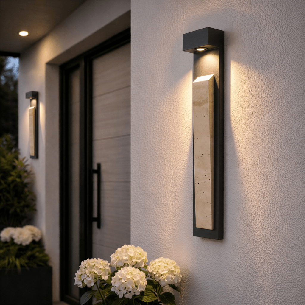 Clérachic wall lamp lighting a modern entrance at dusk, mounted on pale stucco beside a slatted door with a long black pull handle, above white hydrangeas.