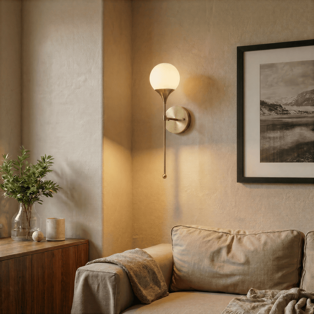 Clérachic wall lamp in brass glowing in a living room corner near a sofa and framed photograph.