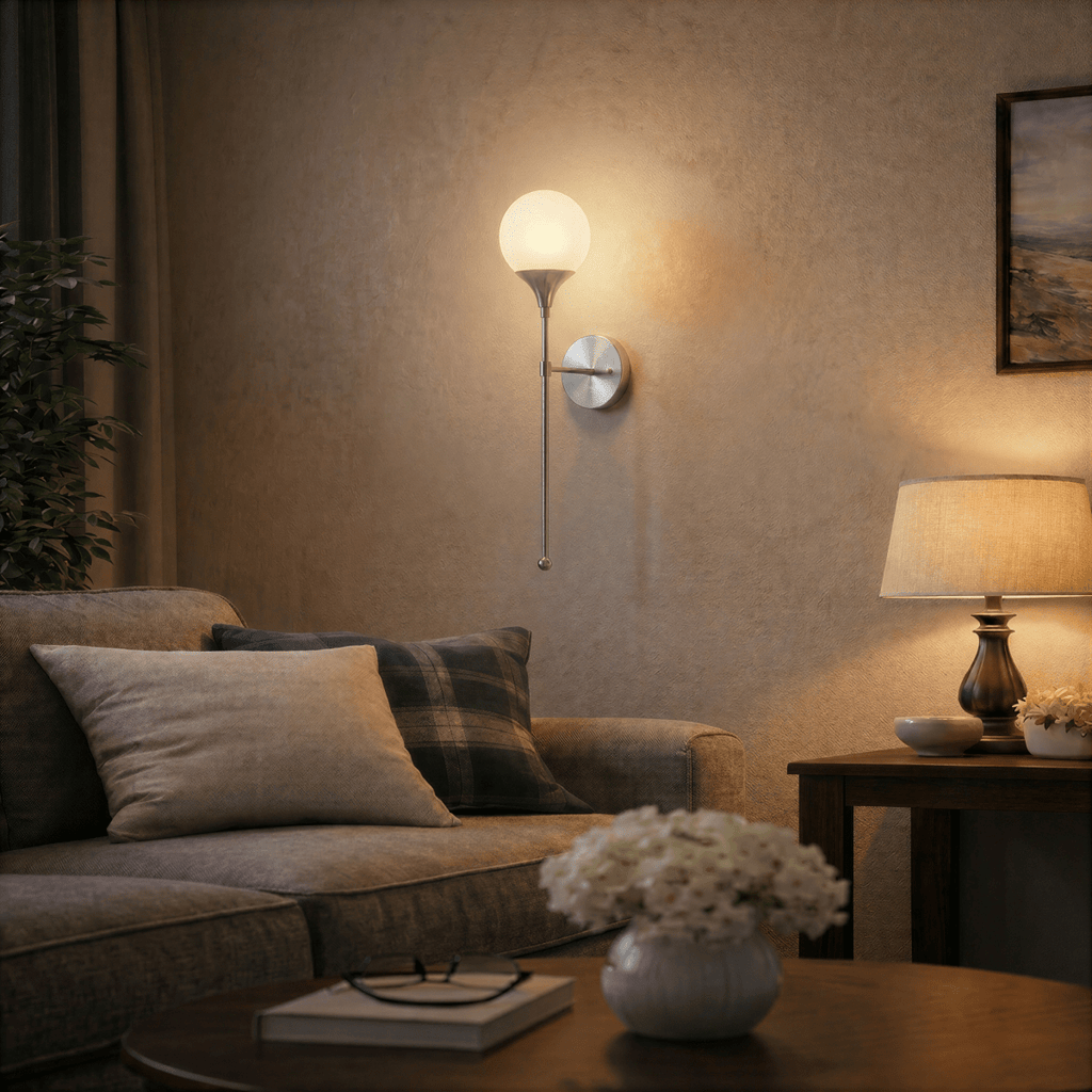 Clérachic wall lamp in chrome glowing above a sofa beside a table lamp and framed seascape.