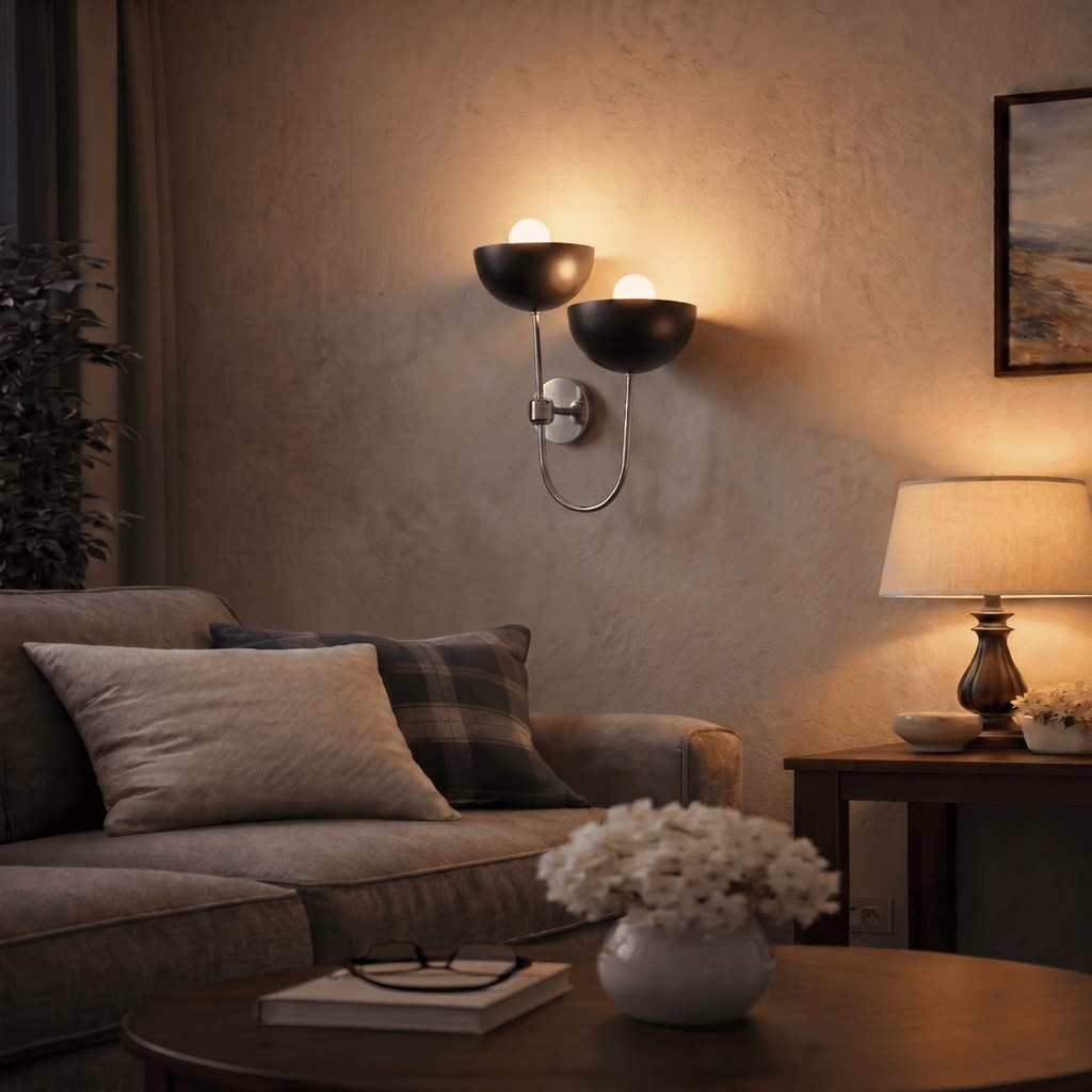 Clérachic wall lamp in chrome glowing above a sofa beside a table lamp and framed coastal art.