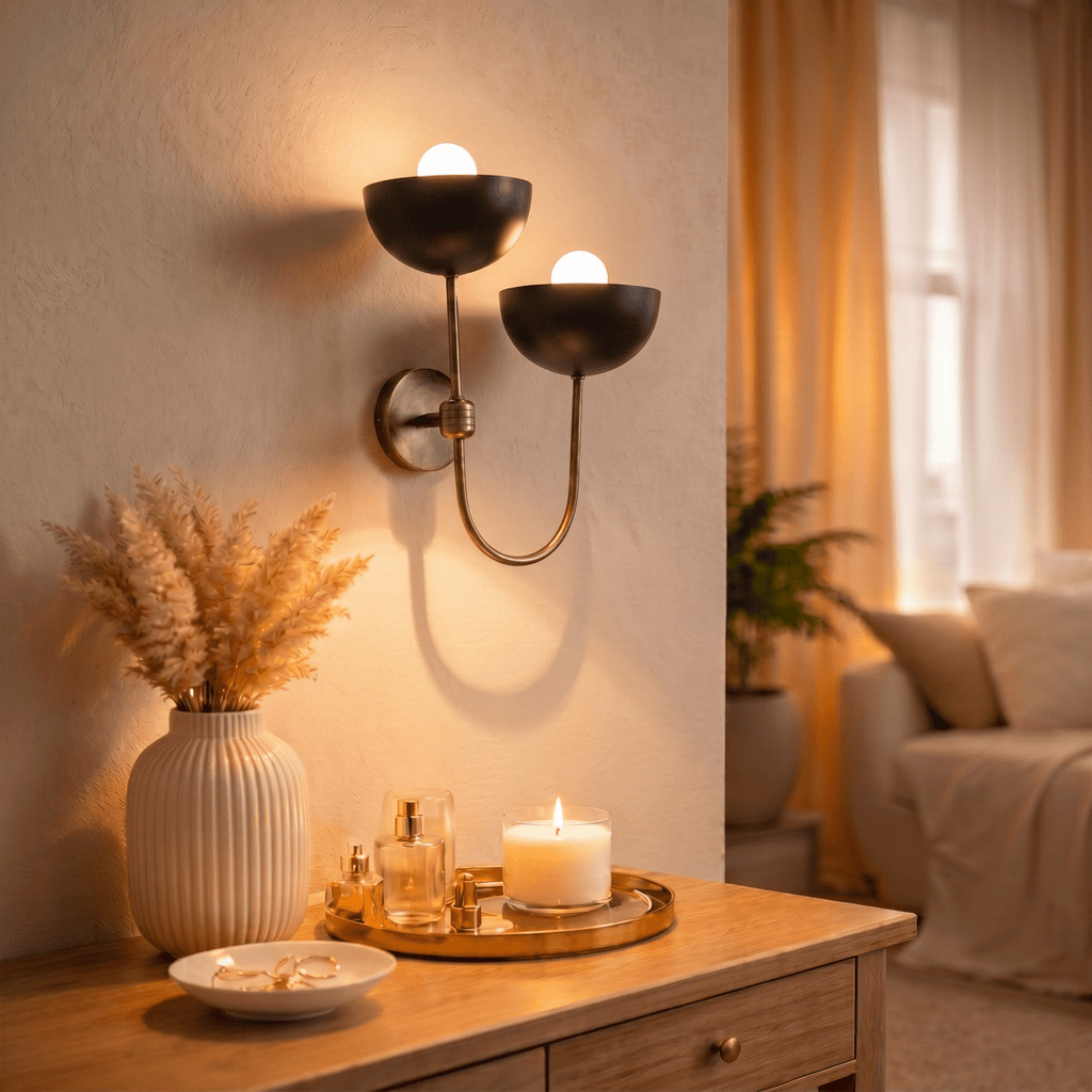 Clérachic wall lamp in brushed brass above a side table set with a candle and perfume bottles.