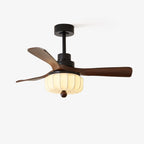 Product-only view of this Clérachic ceiling fan against a plain white background, showing walnut blades and a glowing lantern shade from the side.