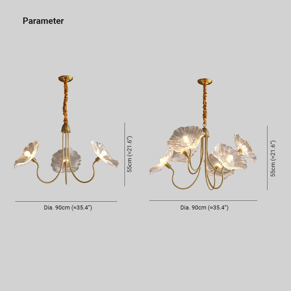 Dimension drawing of the Clérachic lotus blossom chandelier, both sizes at ∅ 90 cm (35.4″) wide and 55 cm (21.6″) tall.