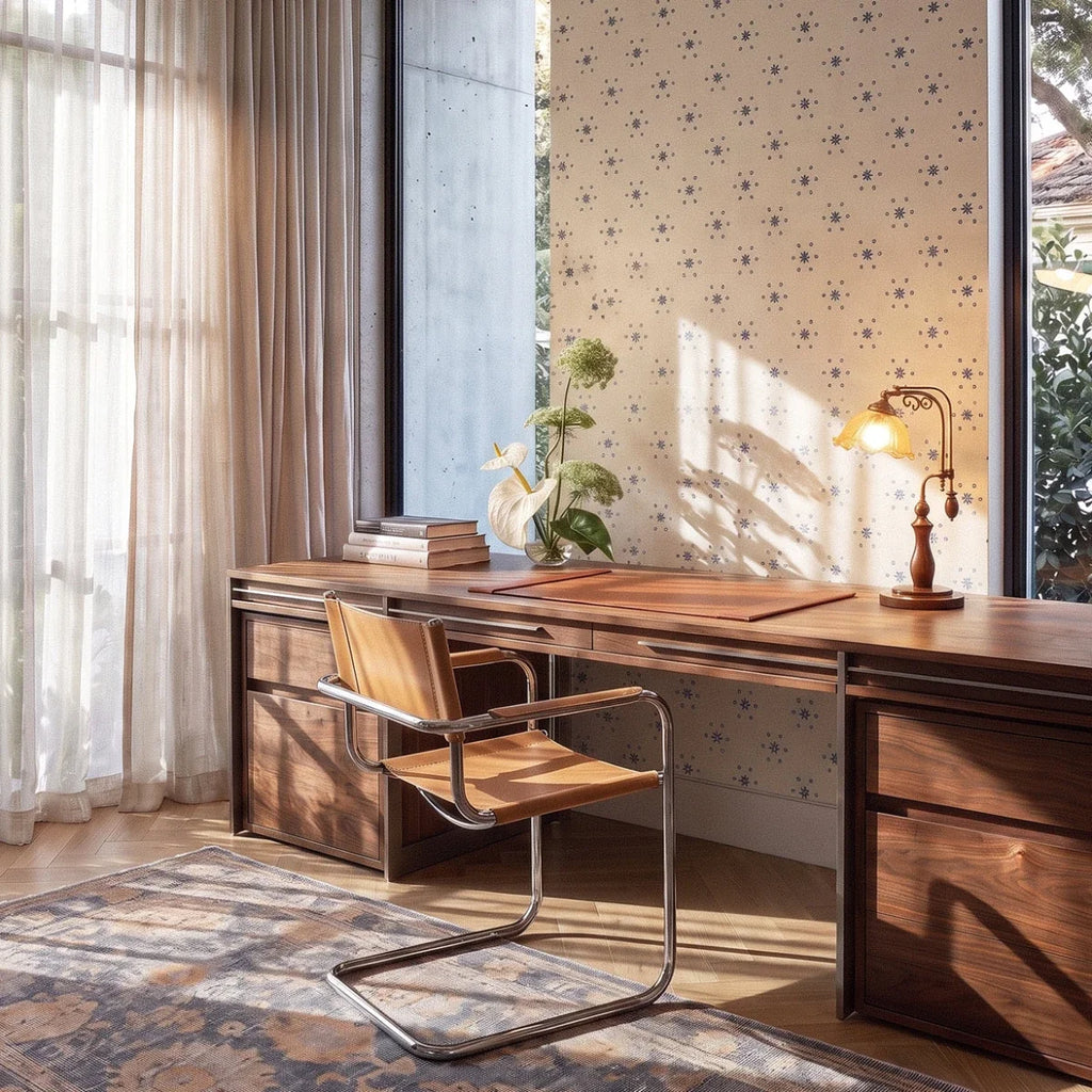 Clérachic table lamp with an amber glass shade glowing on a wood desk against a patterned wall.