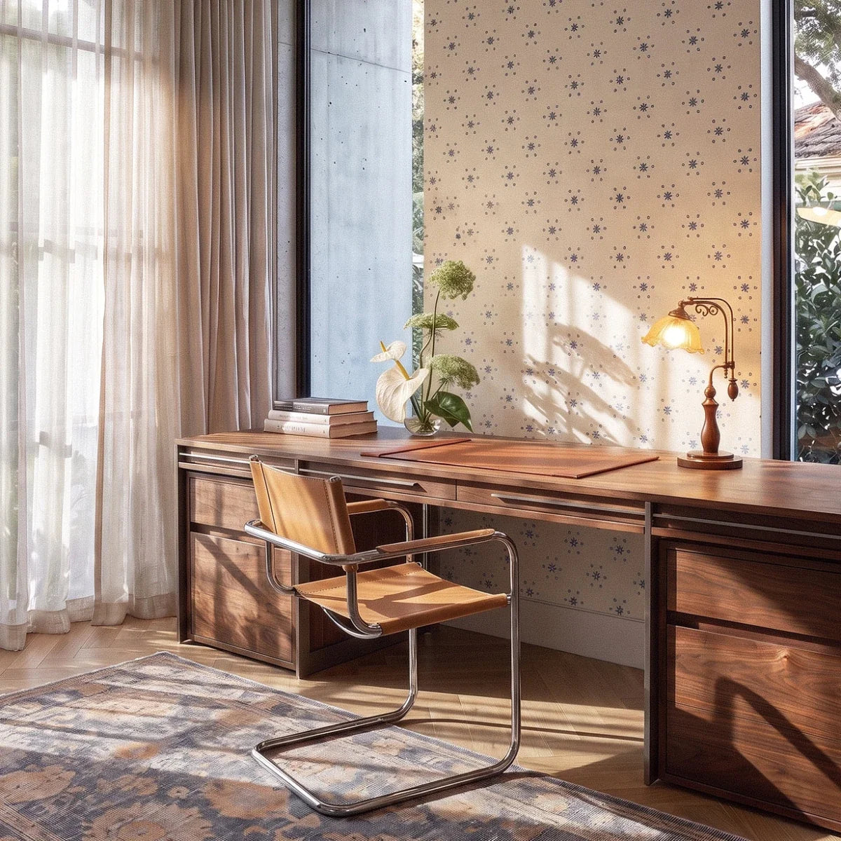 Clérachic table lamp with an amber glass shade glowing on a wood desk against a patterned wall.
