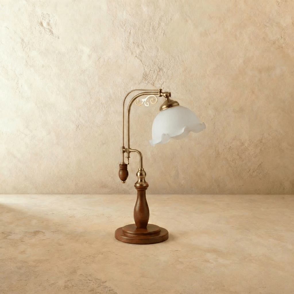 Clérachic table lamp in milky glass, the ruffled shade and adjustable brass arm shown from another angle.