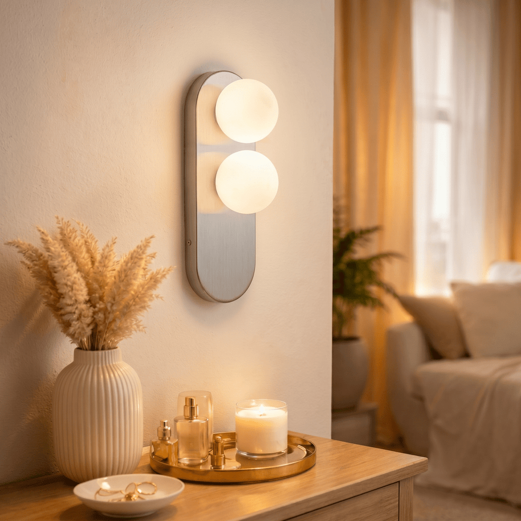 This Clérachic wall light glows warmly beside a curtained window, its twin glass globes lighting a side table.