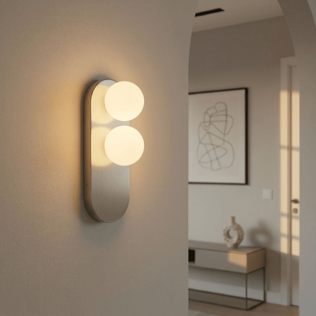 A Clérachic wall light glows through an archway, its two glass globes lighting a console table beyond.
