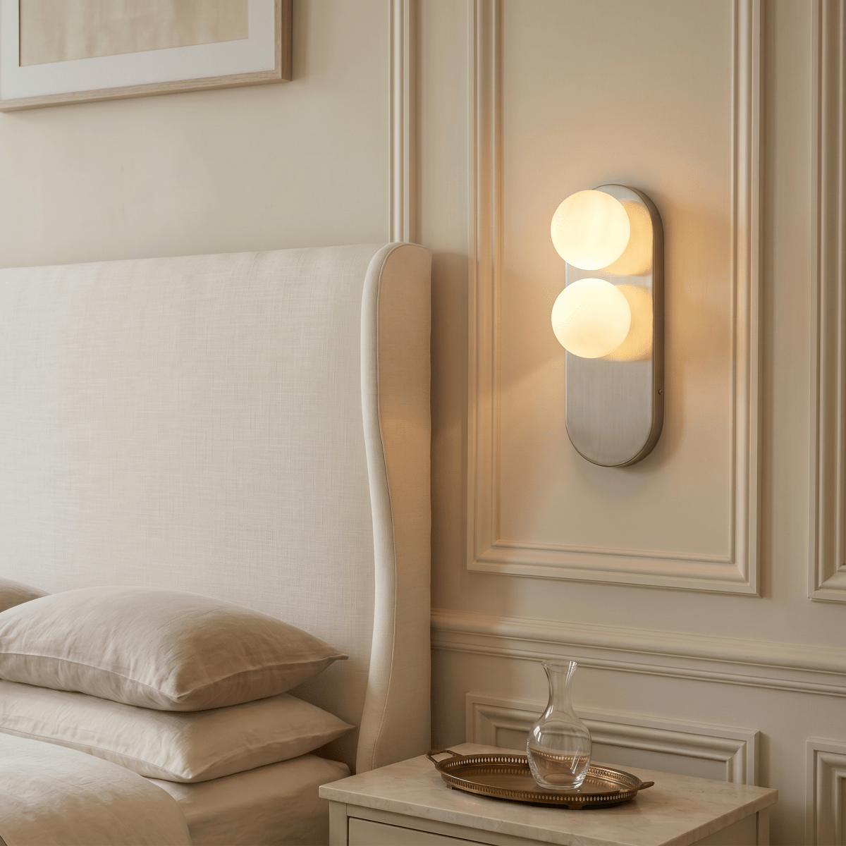 This Clérachic wall light glows warmly beside an upholstered headboard, lighting a marble bedside table.