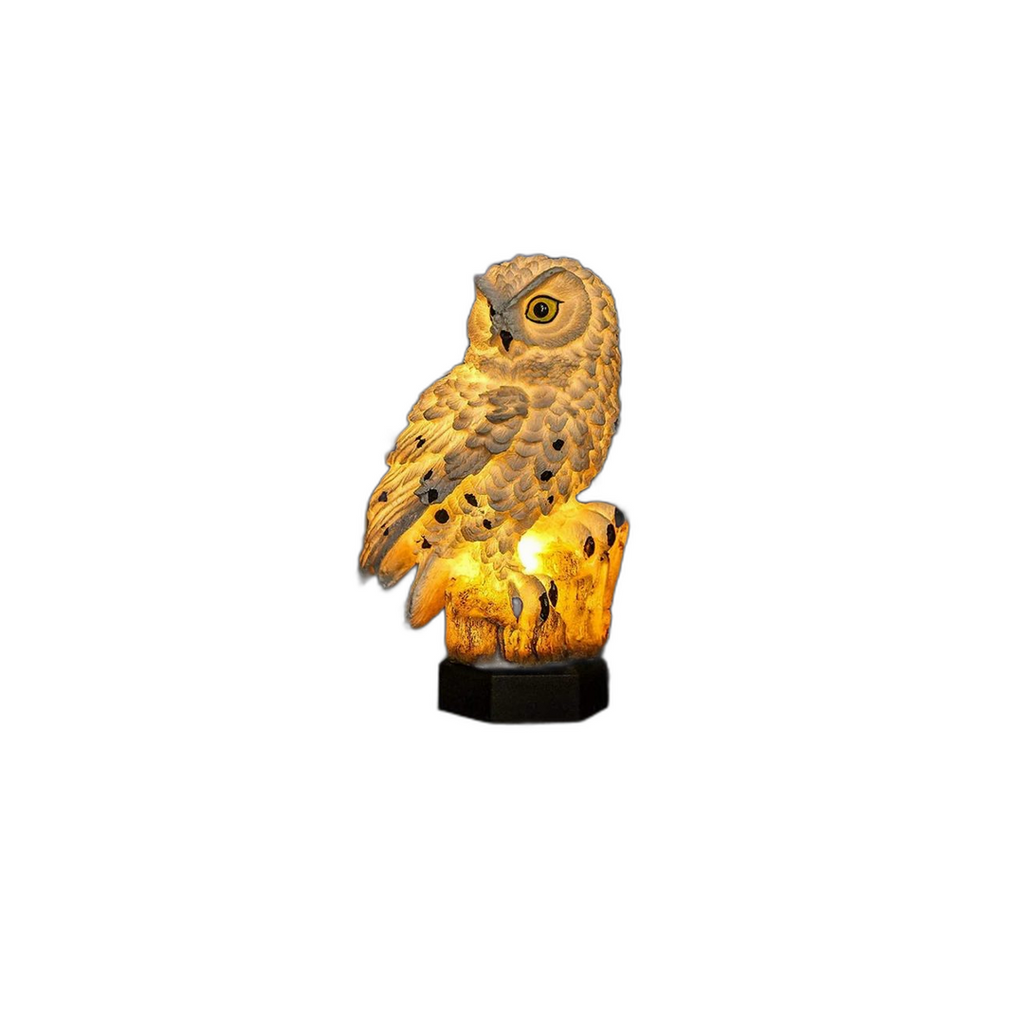 Solar owl garden light with a hand-detailed face, shown front-on on a white background