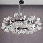 Chandelier, White Porcelain Ginkgo Leaves, Brass Ring, G9, Dimmable