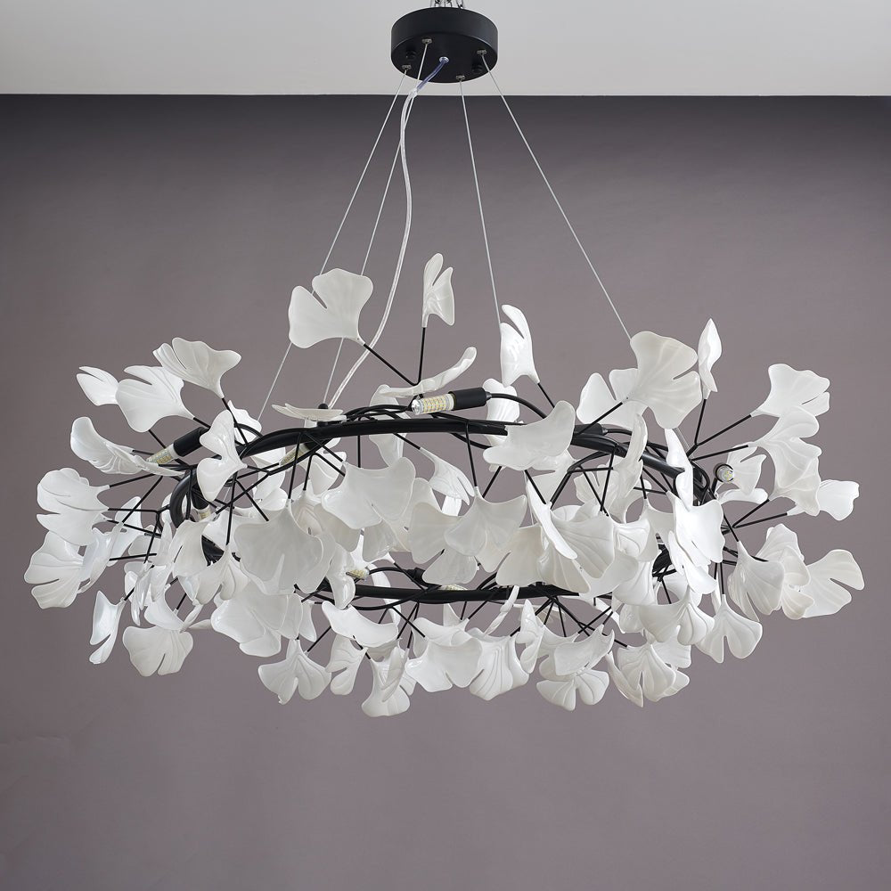 Chandelier, White Porcelain Ginkgo Leaves, Brass Ring, G9, Dimmable