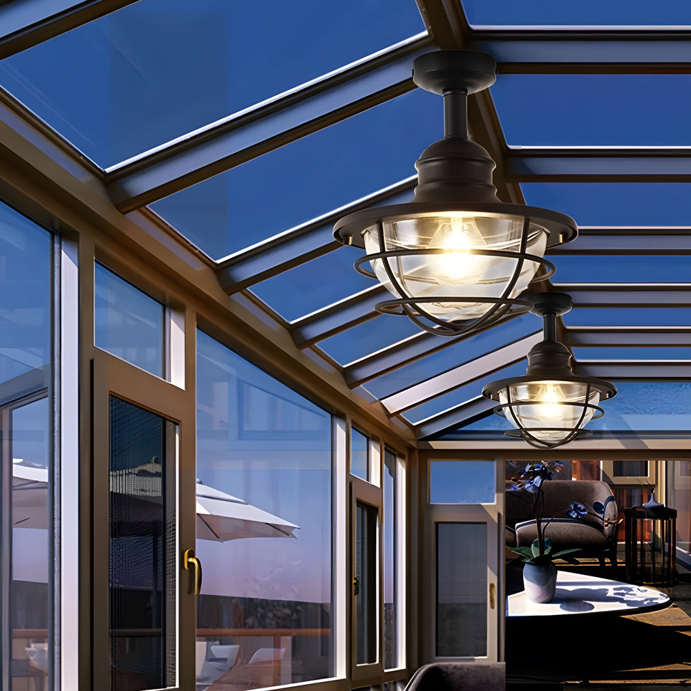 Iron And Glass Flush Mount Ceiling Light For Balcony, Sunroom