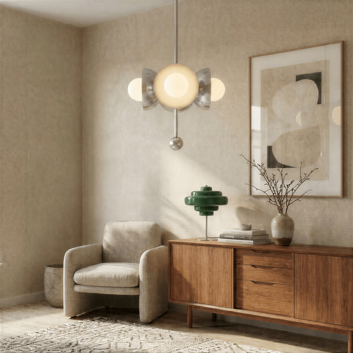 Clérachic chrome disc-and-globe pendant light lit beside an armchair, a green lamp and a wooden sideboard.