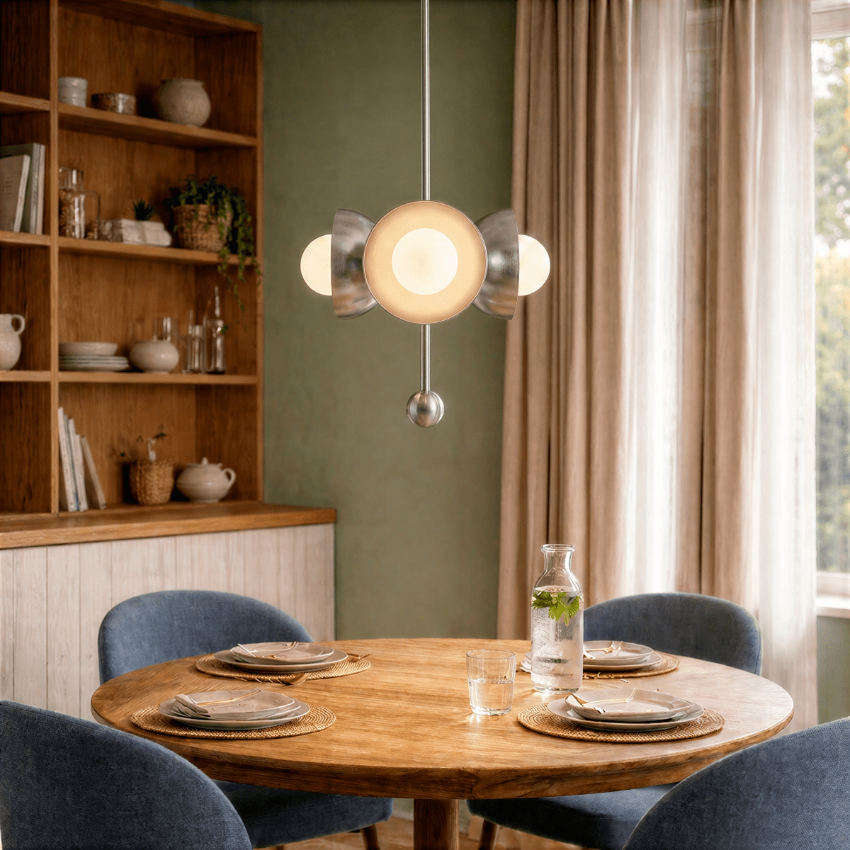 Clérachic chrome disc-and-globe pendant light lit above a round dining table beside a wooden display hutch.