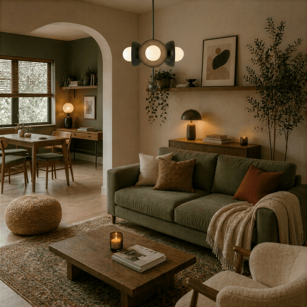 Clérachic matte black disc-and-globe pendant light lit above a sofa beside a framed print and potted plants.
