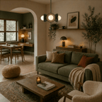 Clérachic matte black disc-and-globe pendant light lit above a sofa beside a framed print and potted plants.