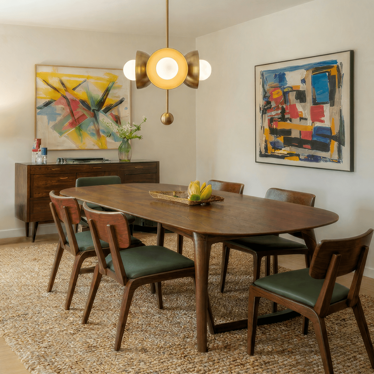 Clérachic brass disc-and-globe pendant light lit above a long dining table flanked by two abstract paintings.