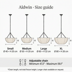 Aldwin size guide: 40, 50, 60 and 80 cm diameters; chain adjusts 47.2–59.1 inches. Illustrations not to scale.