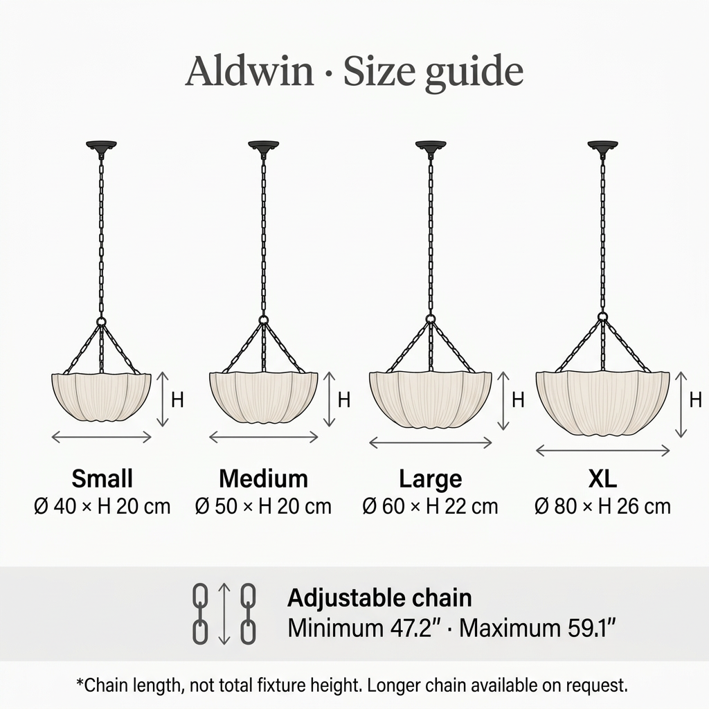 Aldwin size guide: 40, 50, 60 and 80 cm diameters; chain adjusts 47.2–59.1 inches. Illustrations not to scale.