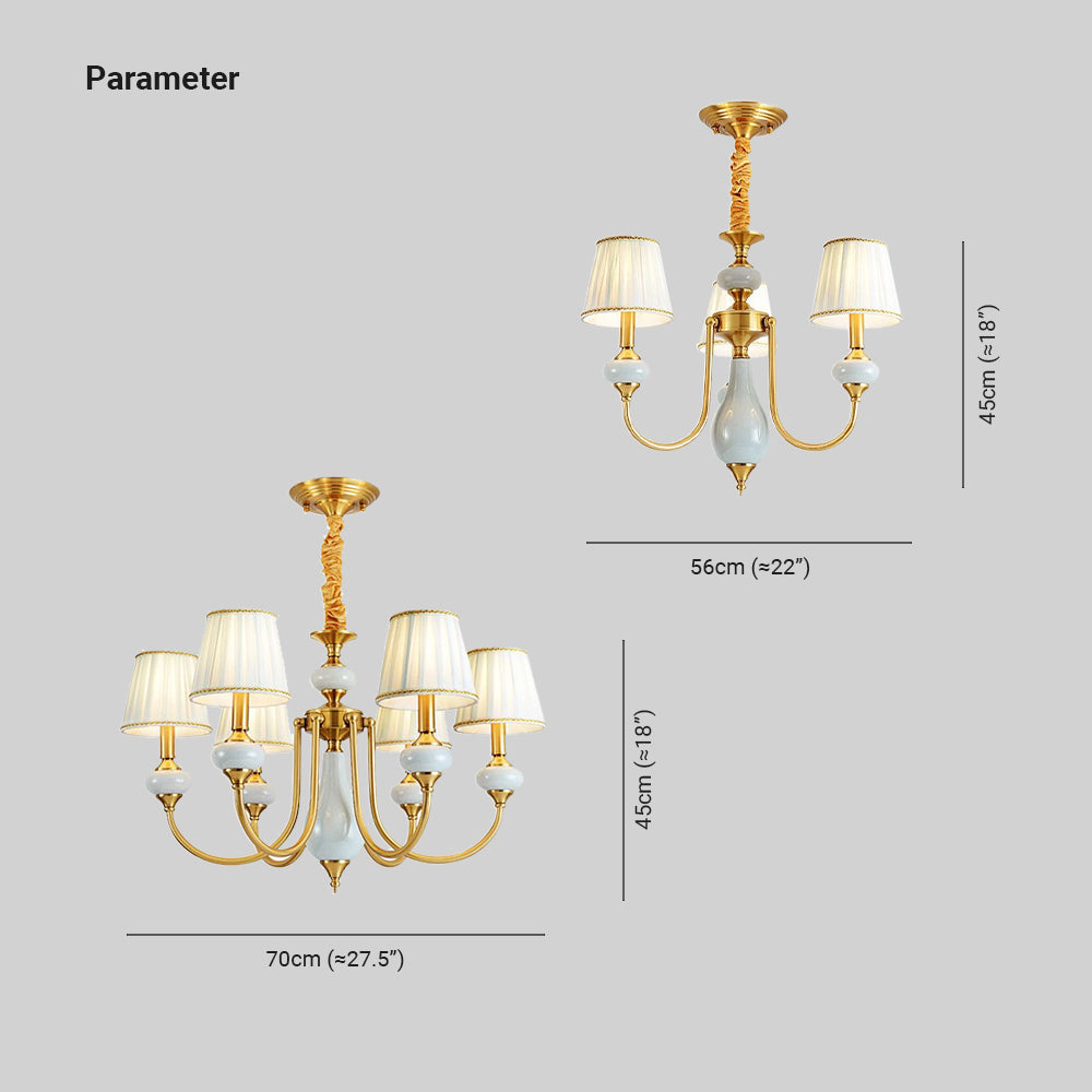 Dimension drawing for the Clérachic pleated chandelier: 3-light 56 cm (≈22″) wide, 6-light 70 cm (≈27.5″) wide, both 45 cm (≈18″) tall.