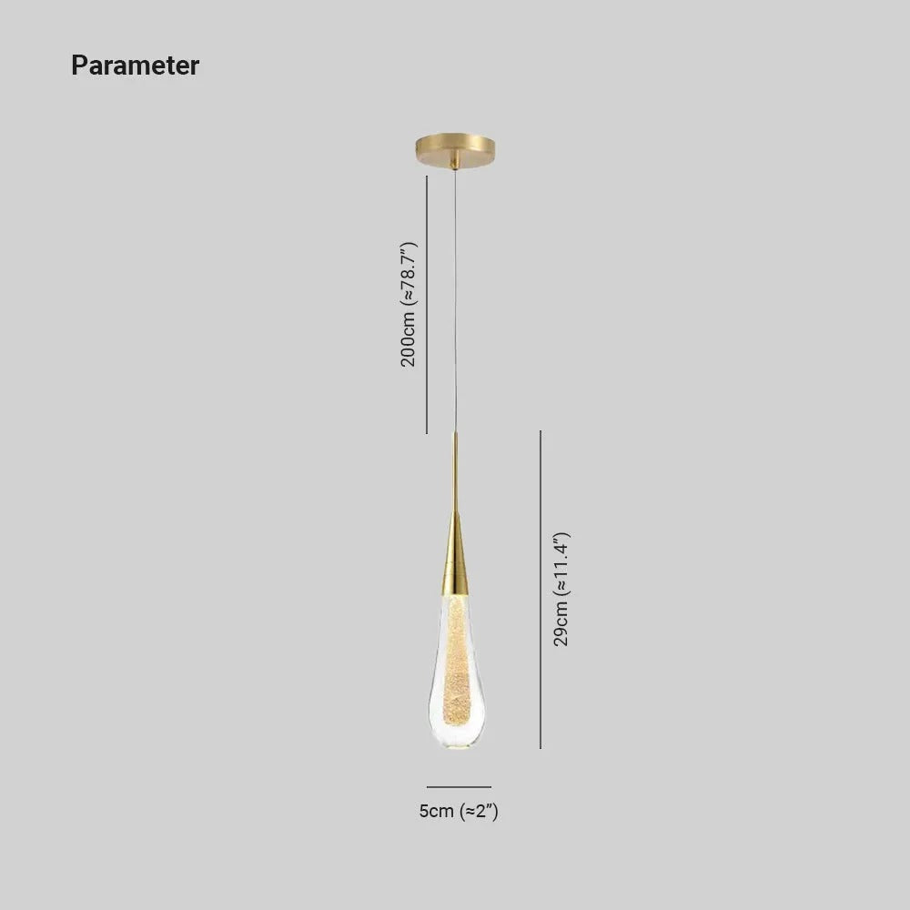 Dimension drawing for the Clérachic gold-flecked teardrop pendant: drop 29cm (≈11.4″) high, 5cm (≈2″) wide, cable 200cm (≈78.7″).