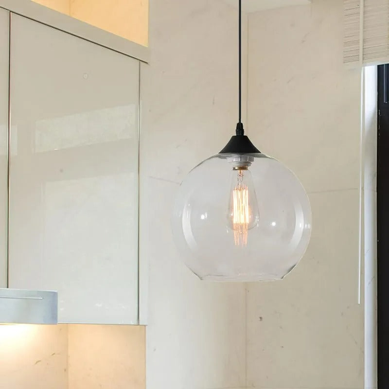 Lampu Gantung Globe Kaca, Rangka Logam Bulat, 5 Pilihan Warna Kaca