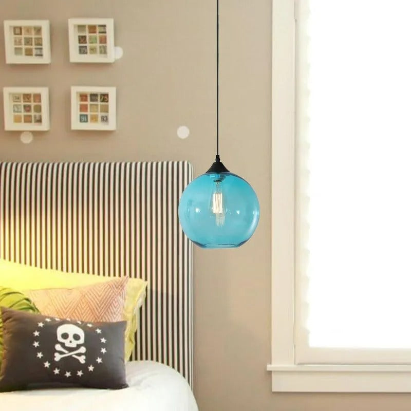 Lampu Gantung Globe Kaca, Rangka Logam Bulat, 5 Pilihan Warna Kaca