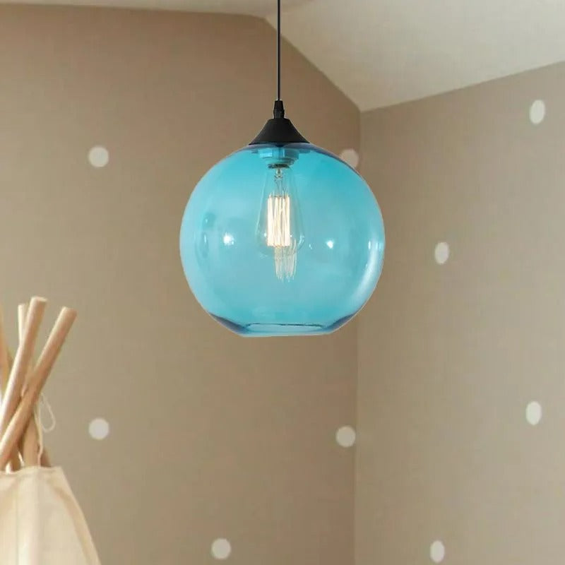 Lampu Gantung Globe Kaca, Rangka Logam Bulat, 5 Pilihan Warna Kaca