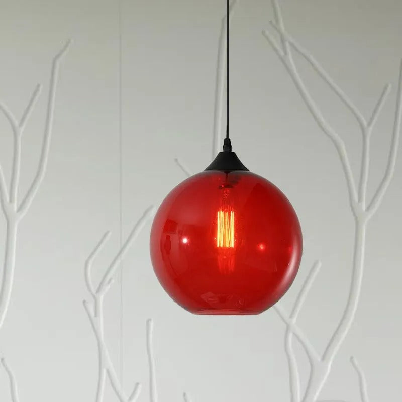 Lampu Gantung Globe Kaca, Rangka Logam Bulat, 5 Pilihan Warna Kaca