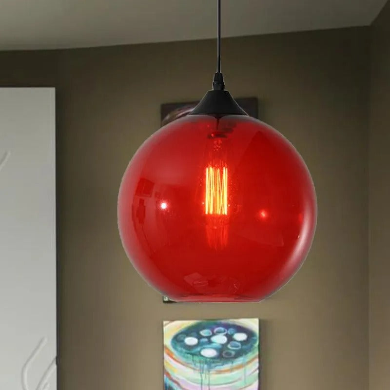 Lampu Gantung Globe Kaca, Rangka Logam Bulat, 5 Pilihan Warna Kaca