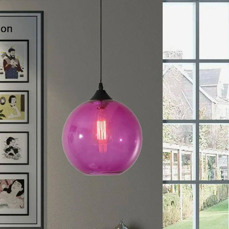 Lampu Gantung Globe Kaca, Rangka Logam Bulat, 5 Pilihan Warna Kaca