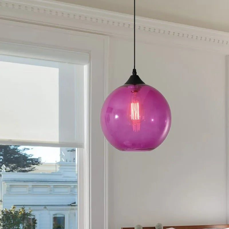 Lampu Gantung Globe Kaca, Rangka Logam Bulat, 5 Pilihan Warna Kaca