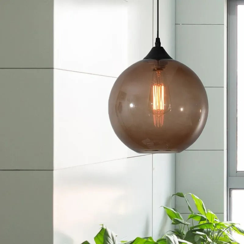 Lampu Gantung Globe Kaca, Rangka Logam Bulat, 5 Pilihan Warna Kaca