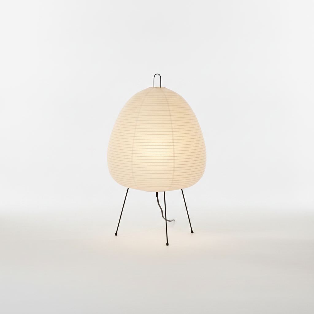 Rice paper table lamp on a slim tripod base, lit with a warm, even glow