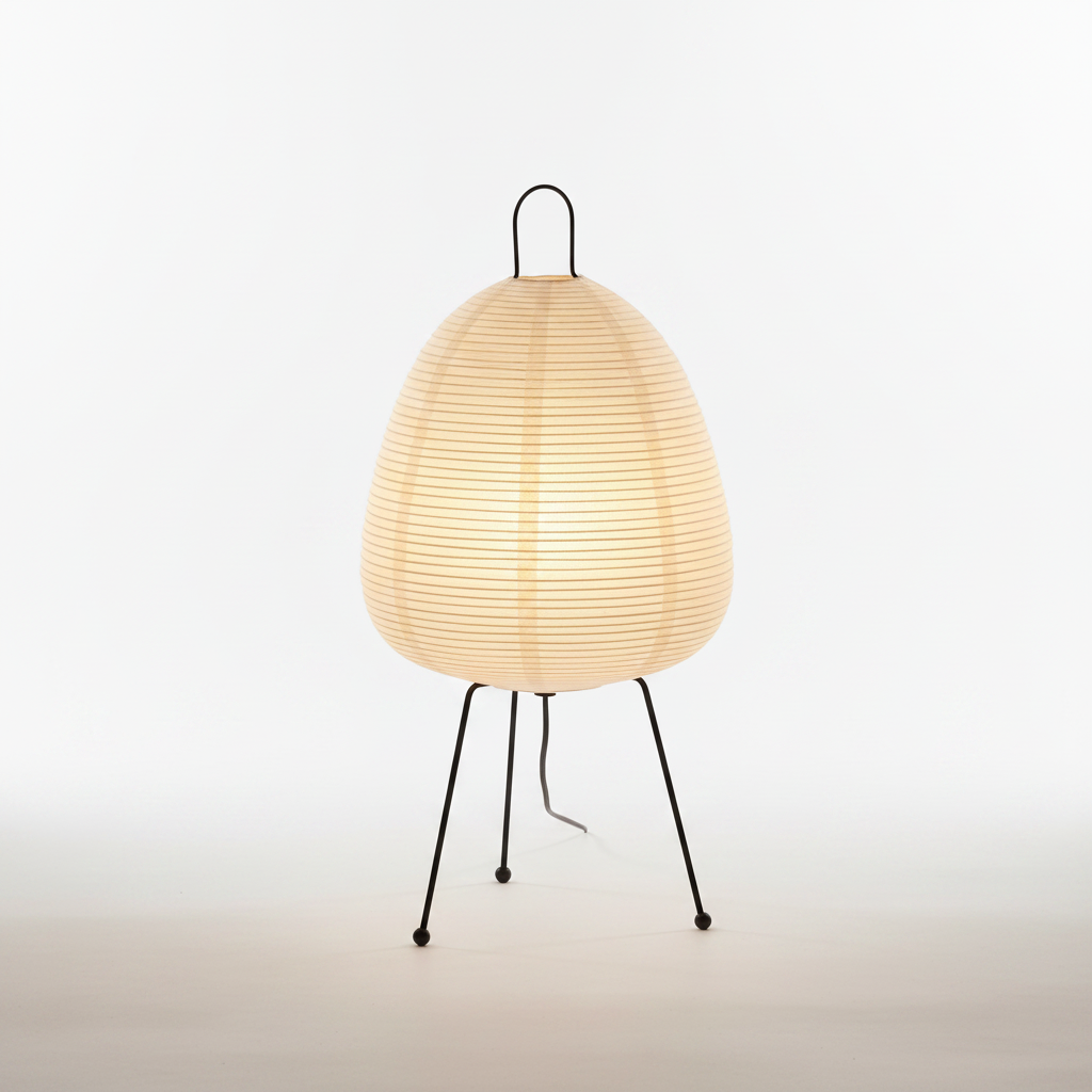 Minimalist tripod rice paper table lamp shown lit from the front