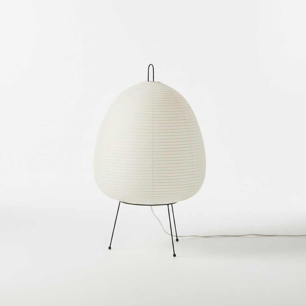 Rice paper table lamp on its tripod base giving off a warm glow