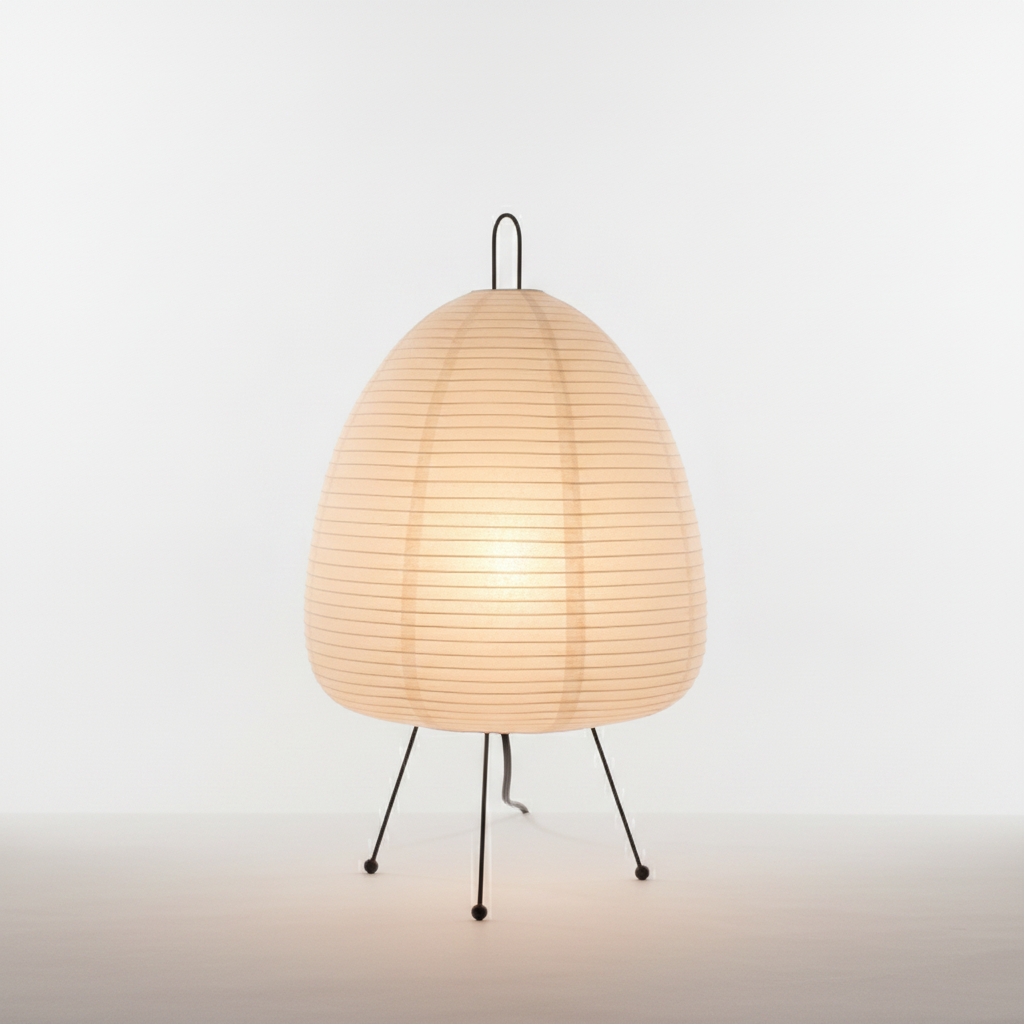 The lit rice paper lamp showing its even, warm ambient light