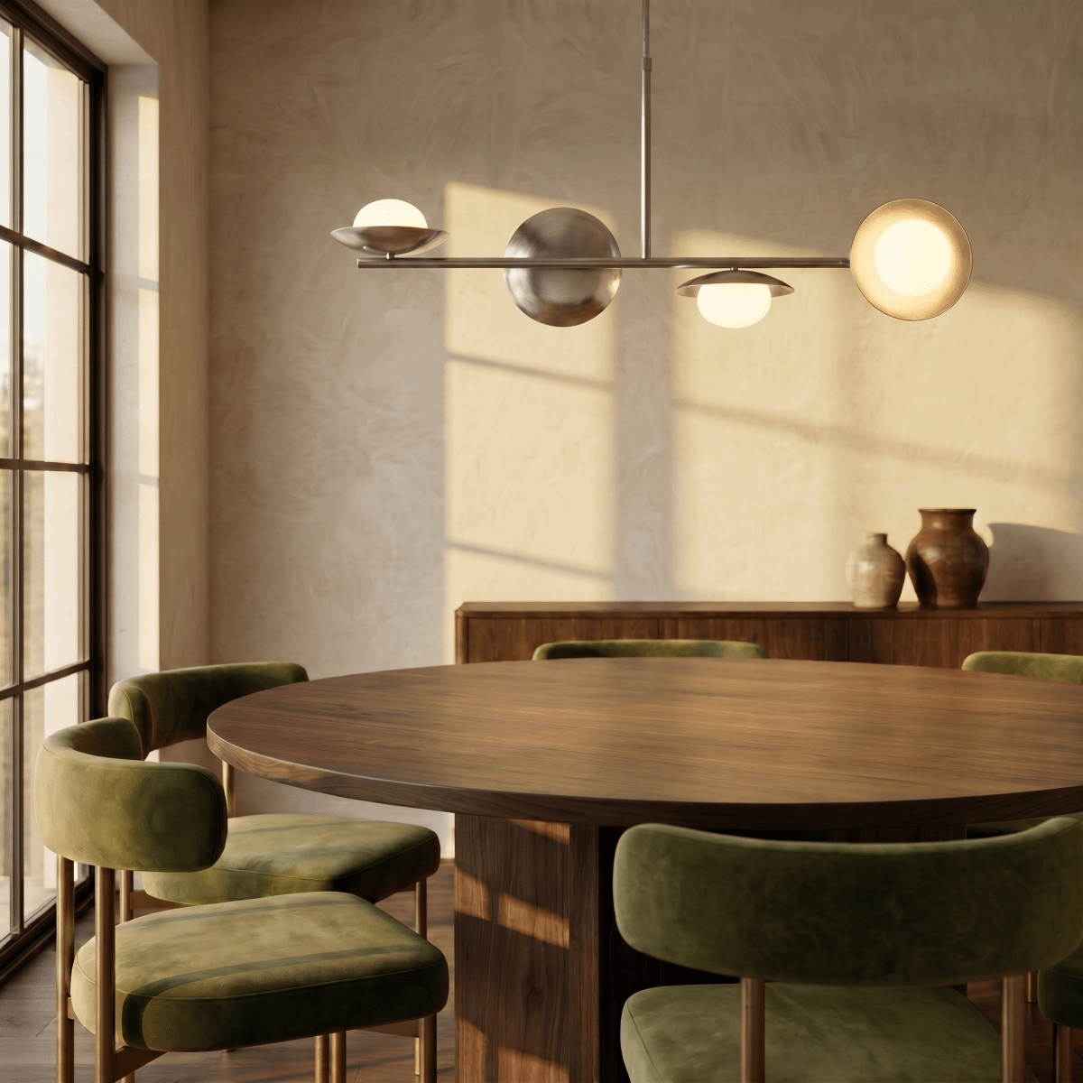 Clérachic chrome pendant light glowing above a round walnut table surrounded by green velvet chairs near a window.