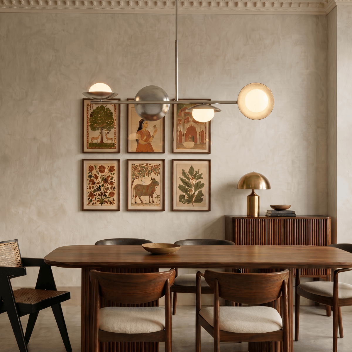 Clérachic chrome pendant light suspended above a dining table, beside a wall of framed folk-art prints in a plaster room.