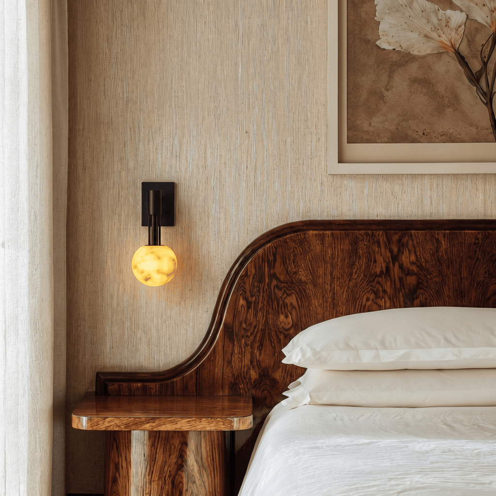Clérachic marble globe wall lamp glowing on grasscloth wallpaper beside a curved dark-wood headboard and its matching bedside table.
