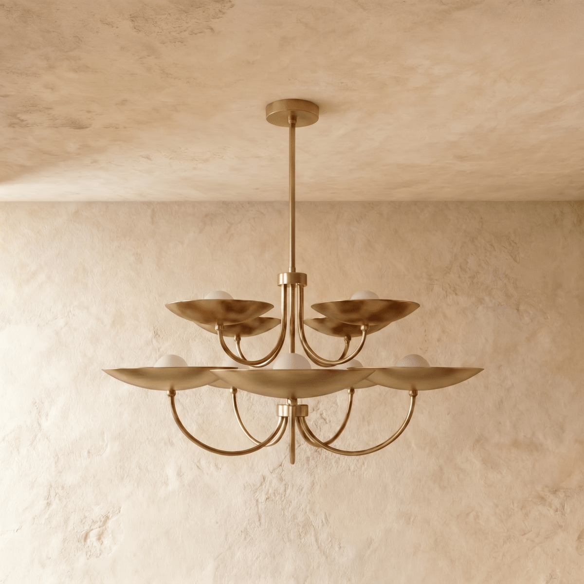 Clérachic two-tier disc chandelier in polished brass, shown from a slightly closer studio angle overhead.