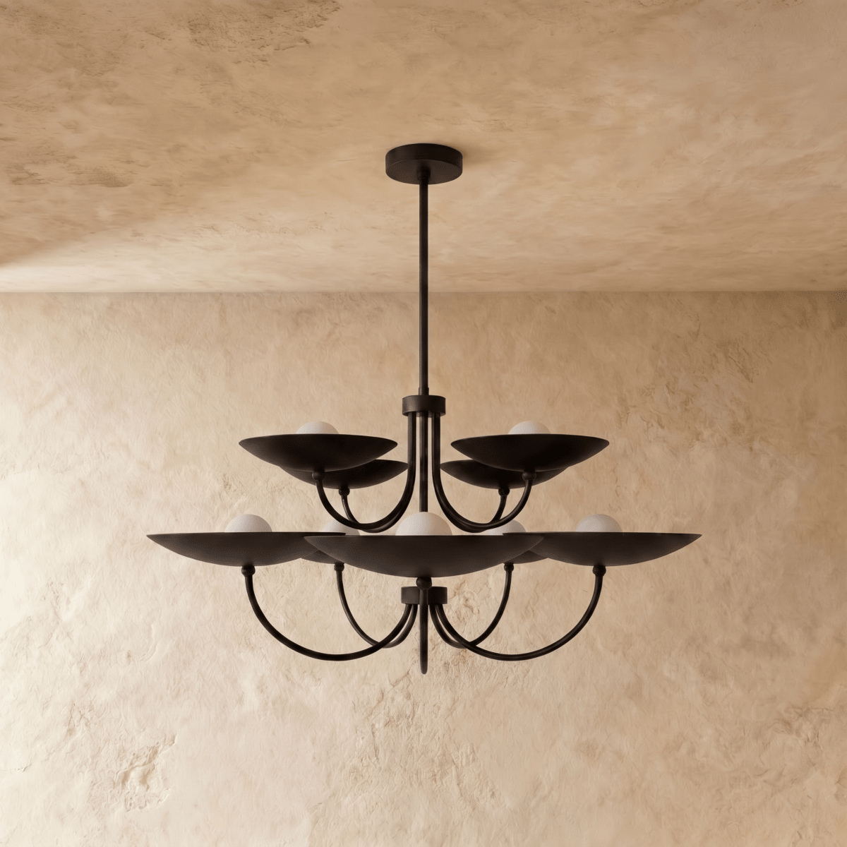 Clérachic two-tier disc chandelier in matte black, shown from a slightly closer studio angle overhead.