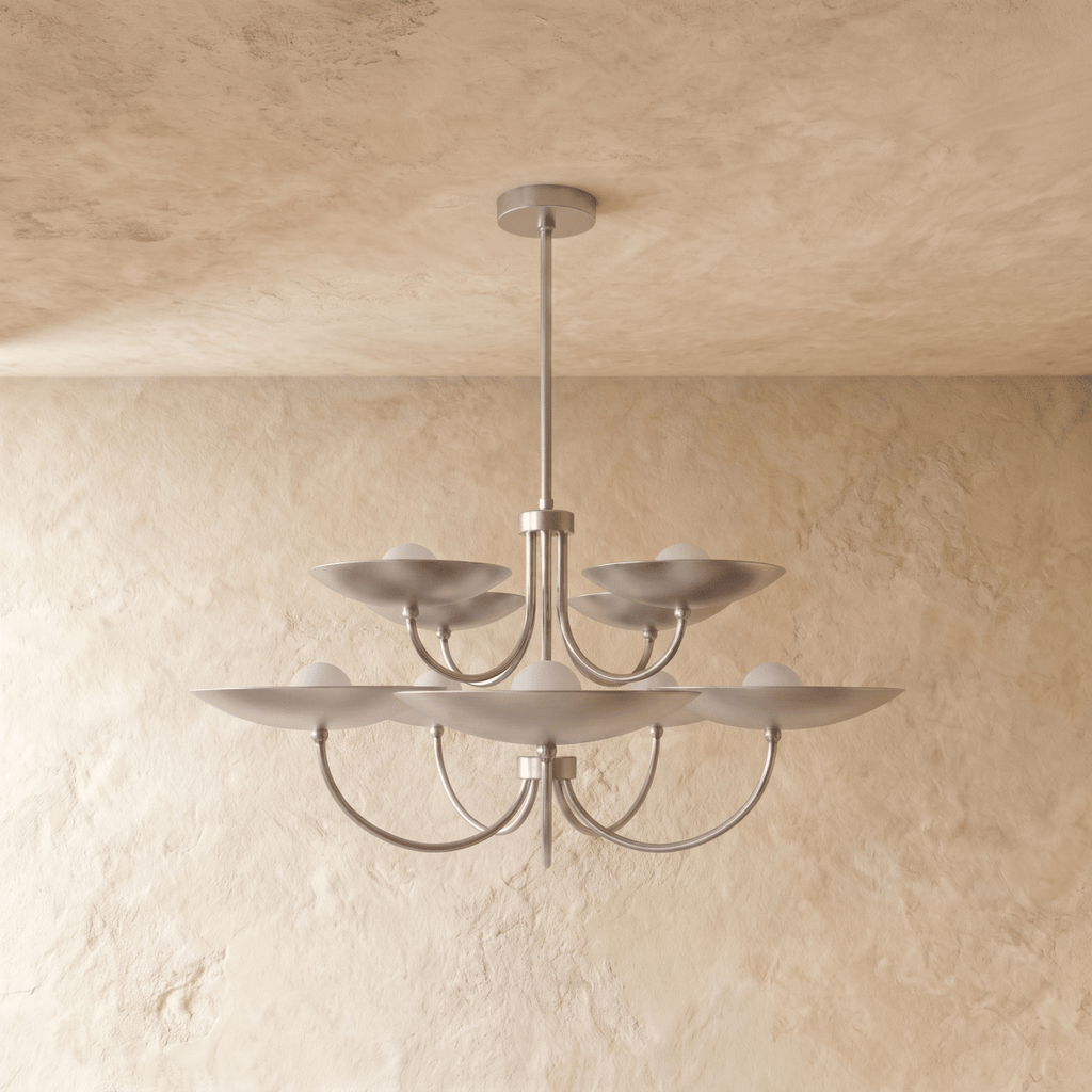 Clérachic two-tier disc chandelier in chrome, shown from a slightly closer studio angle overhead.