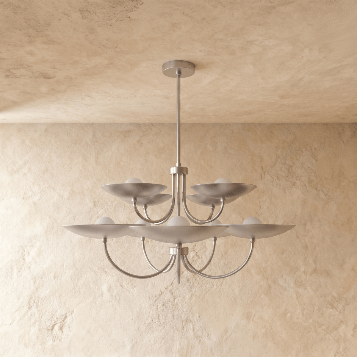 Clérachic two-tier disc chandelier in chrome, shown from a slightly closer studio angle overhead.
