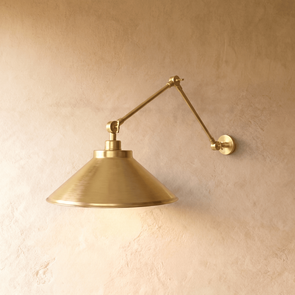 Clérachic wall lamp in polished brass, its wide cone shade extending from a double-jointed arm.